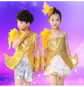 Gold yellow silver royal blue sequins paillette  boys kids children girls baby school play modern dance jazz dj ds singer hip hop drummer performance dance costumes outfits dancewear